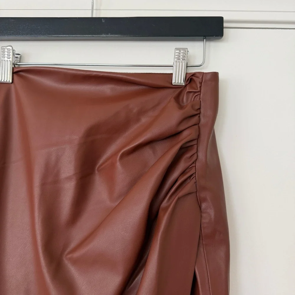 Jason Wu $270 Faux Leather Ruched Midi Skirt Cognac Brown‎ Size XS